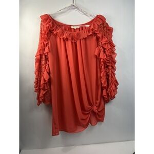 Ciel USA Ruffle Blouse Womens Size Large Orange Coral‎ Long Sleeve